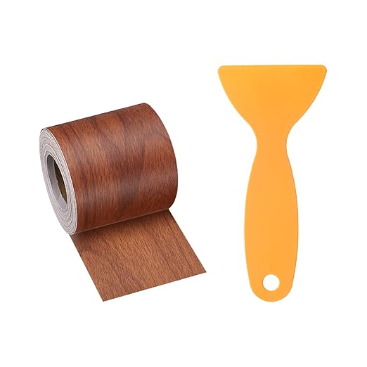 HARFINGTON Wood Grain Repair Tape 2 Inch x 33ft Self Adhesive Repair Patch Tape Simulated Wooden Floor Tapes with Plastic Scraper for Tables Doors Windows Furniture, Bright Brown Wood
