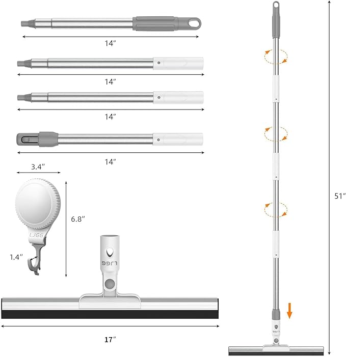 LGJJ Floor Spatula Broom 17" Rubber Spatula with 51" Aluminum Rod for Bathroom Tile, Garage Concrete, Deck, Shower Glass, Window Cleaner, Spatula Broom for Home Flooring