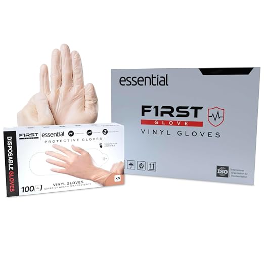FIRST GLOVE 6 Mil Essential Clear Vinyl Disposable Gloves - Hand Gloves for Food Handling & Cleaning, Multipurpose Use - Disposable Glove with Enhanced Grip, Hand Protection & Latex-Free -Small,1000ct