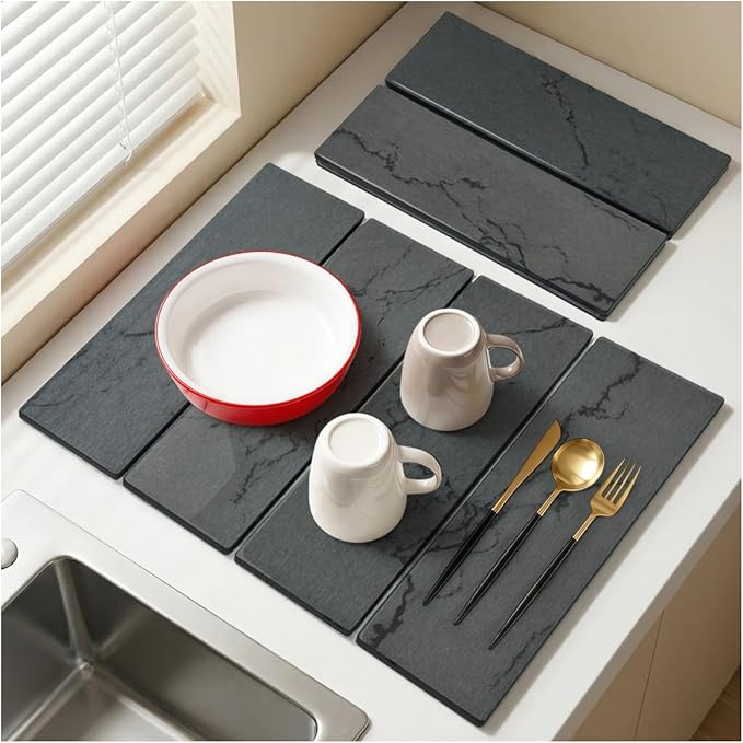 Large Stone Dish Drying Mat for Kitchen Counter,24"(L)×16"(W),Quick Dry Super Absorbent Drying Matt Kitchen Counter,Collapsible Diatomaceous Earth Dish Mats,for Dishes Bottles Cups,Any Countertop