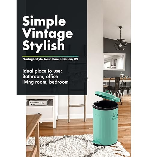 Mint Green Trash Can with Lid, Turquoise Bathroom Bedroom Waste Basket Soft Close, Small Teal Garbage Can, Retro Vintage Home Office Trash Can, 12 Liter/3 Gallon, Glossy Mint Green