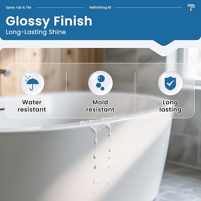 Venry Tub and Tile Epoxy Paint- 2K Bathroom Refinishing Kit, Durable Tub Paint, Waterproof, Quick-Dry, Easy Scraper&Brush Application for Bathtubs, Tiles, and Sinks, Bright Gloss White-1 Bathtub Size