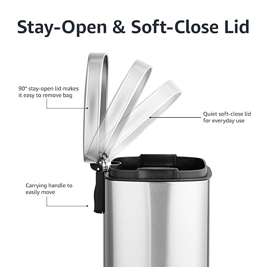 Amazon Basics Smudge Resistant Mini Rectangular Trash Can with Soft-Close Lid, Foot Pedal, Removable Inner Bucket, 5L/1.32 Gal, Brushed Stainless Steel, for Bathroom & Small Space, Satin Nickel Finish