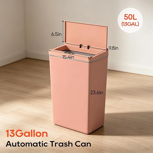 BestOffice 13 Gallon Trash Can Automatic Kitchen Trash Can Touch Free High-Capacity Garbage Can with Lid for Bedroom Bathroom Home Office 50 Liter (Black, 1) (1, Pink)