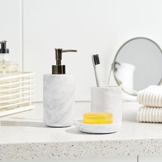 WORHE Bathroom Accessories Set Italy Natural Marble Bathroom Decor Set 3-Piece Bath Accessory Kit with Toothbrush Holder Liquid Soap Dispenser and Sponge Dish Tray Set Color White (WH054)