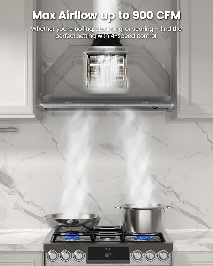 JOCO 42 Inch Range Hood Insert, 900 CFM Stainless Steel Built-In Kitchen Vent Hood, Convertible for Ducted or Ductless Installation, 4-Speed Knob Control, Model B02-42K