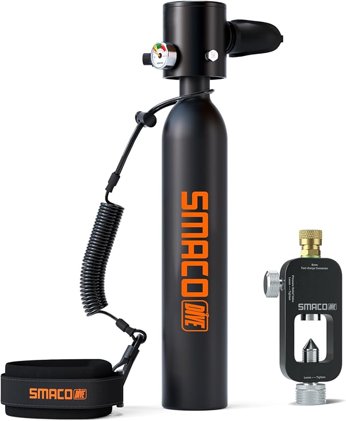 SMACO Mini Scuba Tank 0.5L Portable Reusable Diving Tank Emergency Diving Cylinder for Snorkeling, Freediving, Boat Cleaning & Air Backup Lightweight & Compact Design Pony Bottle S300