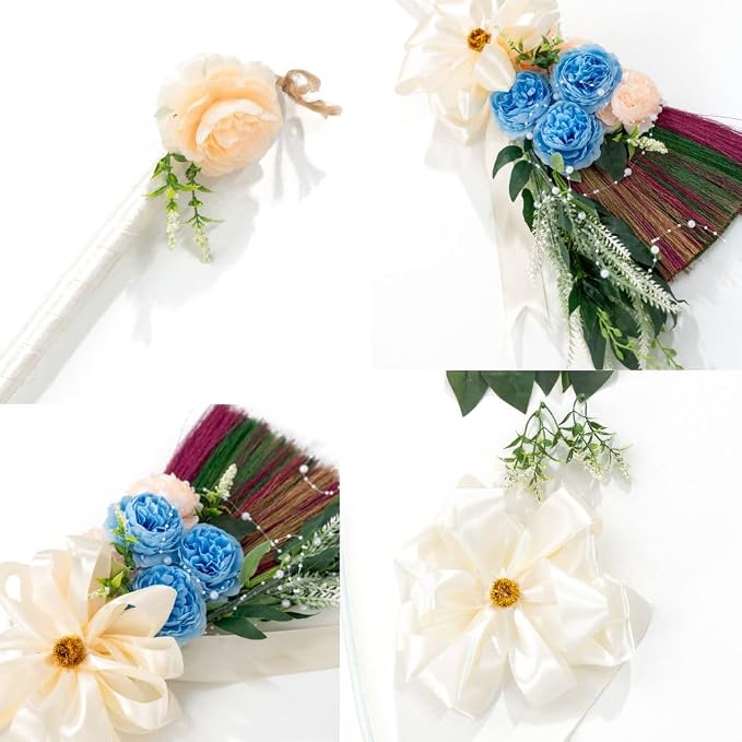 Elegant Wedding Brooms Bride Bridegroom, Jumping The Broom for Wedding, Natural Whisk Broom with Ribbons, Artificial Pearl, Leaves,Roses for Decorative