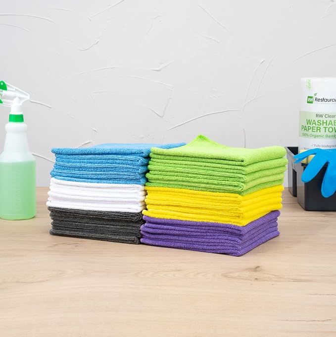 Restaurantware Clean Tek Professional 16 x 16 Inch Cleaning Cloths 60 Lint Free Microfiber Towels - Highly Absorbent Non Abrasive 6 Colors Microfiber Cleaning Rags Reusable For All Purpose Use
