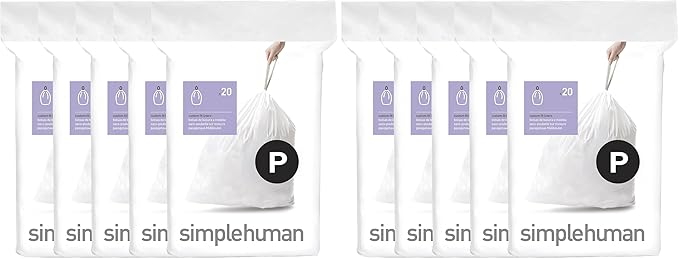 simplehuman Code P,Dispenser Pack Custom Fit Liners,Drawstring Trash Bags,50-60 Liter / 13-16 Gallon,White,100 Count (Pack of 2)