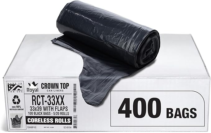 Aluf Plastics 33 Gallon 1.7 MIL (eq) Black Heavy Duty Trash Bags with E-Z Tie Flap Closure - 33" x 39" - Pack of 400 - For Industrial, Janitorial, & Contractor, & Hospitality