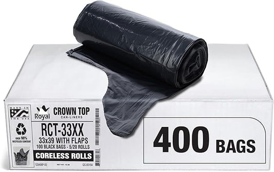 Aluf Plastics 33 Gallon 1.7 MIL (eq) Black Heavy Duty Trash Bags with E-Z Tie Flap Closure - 33" x 39" - Pack of 400 - For Industrial, Janitorial, & Contractor, & Hospitality