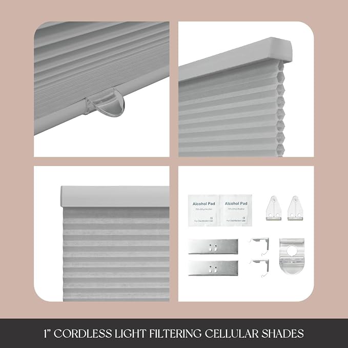REGAL estate QuickInsta PeelMount No Drill No Tools Cordless 1" Light Filtering Cellular Shade, 28" W x 48" H, Light Gray