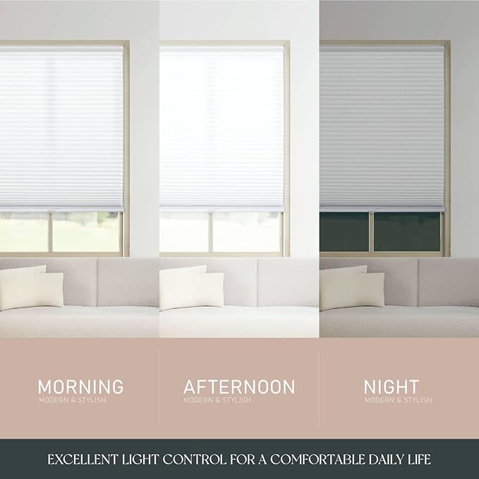 REGAL estate QuickInsta PeelMount No Drill No Tools Cordless 1" Light Filtering Cellular Shade, 18.5" W x 60" H, White