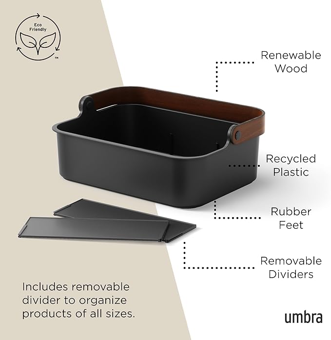 Umbra Bellwood Stackable Bin, 14" x 10" Durable Lightweight Container with Wooden Handle and Removable Dividers, Black/Walnut