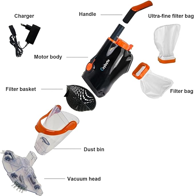 Handheld Pool Vacuum Cleaner, Rechargeable Pool Bottom Cleaner with Strong Suction, 1 H Runtime,for Above Ground/Inground Pools, Spas and Hot Tubs,Orange