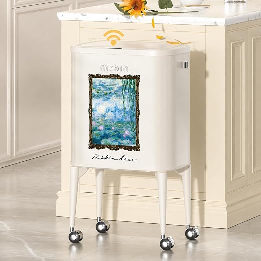 MRBIN Metal Motion Sensor Kitchen Trash Can with Wheel Legs, Medium Press Lid Slim Waste Basket, 36L / 9.5gal Pet Proof Tall Narrow Garbage Pail for Vanity, Living Room, Bathroom, Bedroom, Water Lily
