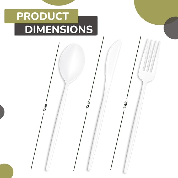 Trendables Disposable Plastic Cutlery - 120 Pack White Plastic Knives, Silverware Set