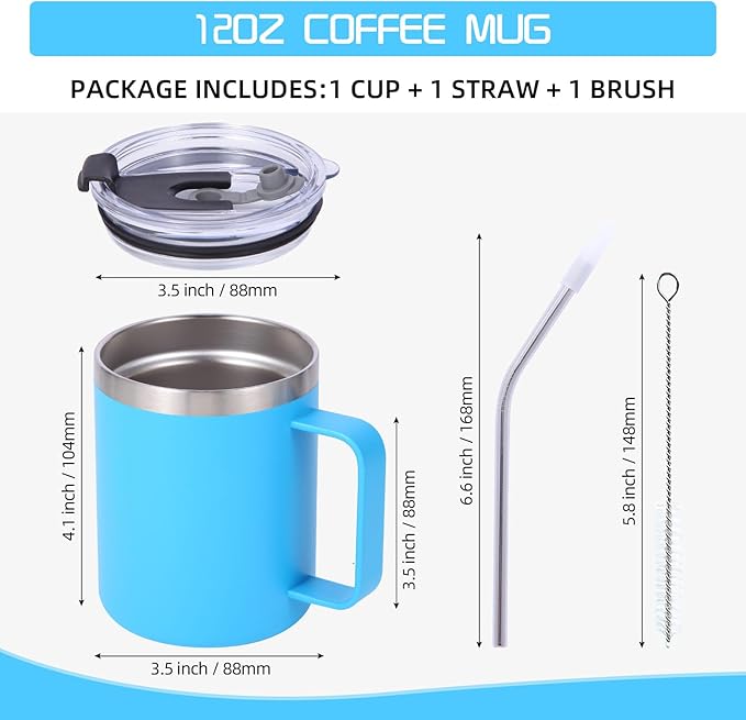 Volhoply 12oz Insulated Leakproof Coffee Mug with Flip & Straw Lid,Double Wall Vacuum Stainless Steel Travel Cafe Tumbler Cup with Handle,Reusable Camping Mugs Keep Cold/Hot(Blue,1 Set)