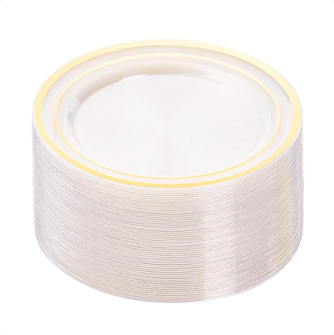 BESTVIP 50PCS Clear Gold Plastic Plates, 10.25 Inch Disposable Dinner Plate Party with Gold Rim, Heavy Duty Disposable Plastic Plates for Christmas, Thanksgiving, Party, Wedding and Birthday