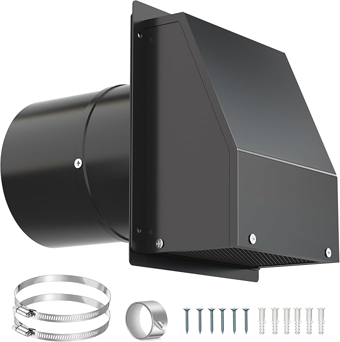 4 Inch Dryer Vent Cover Outside, Hooded Wall Vent with Screen and Damper, Galvanized Steel Exhaust Vent Cover Cap External Extractor for Dryer Duct, HVAC, Bathroom, Laundry, Kitchen, Black