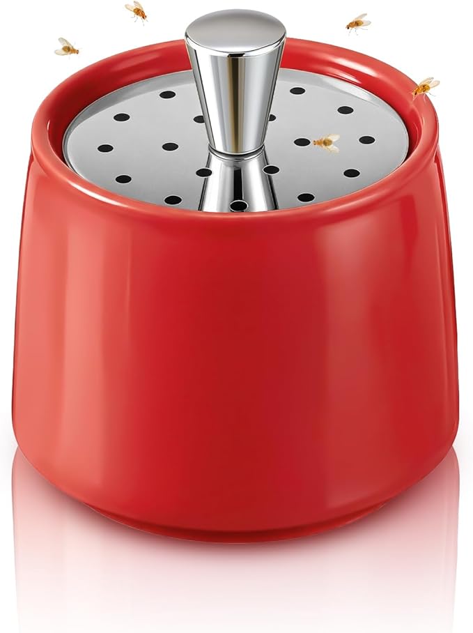 Ceramic Fruit Fly Trap for Indoors, Reusable Kitchen Fly Catcher with Stainless Steel Vent Lid, Uses Safe & Natural Vinegar Bait Trap, Dishwasher Safe, Easy to Use(Red,1 Pack)