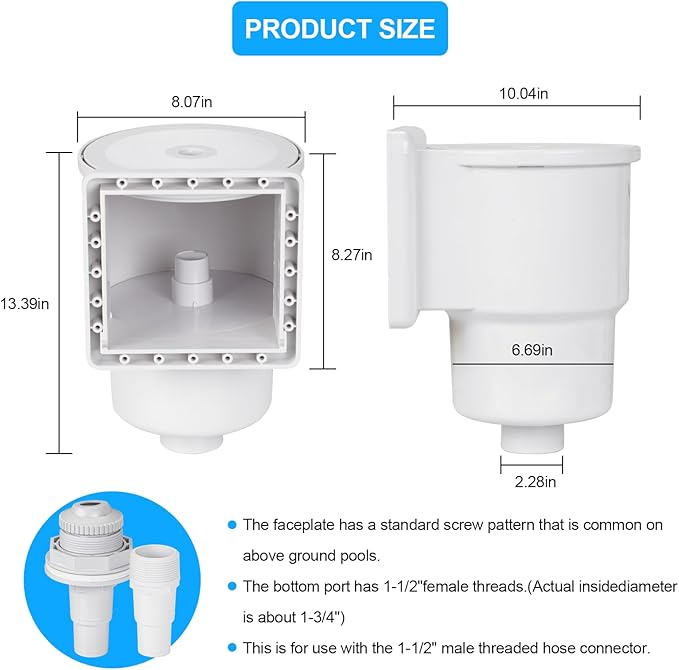 Above Ground Pool Skimmer Kit, Heavy Duty Through Wall Pool Skimmers, Wall Mountedp Pool Skimmers for Filter Leaves, Hair, Bugs, and Impurities from The Surface of The Pools (Grey)