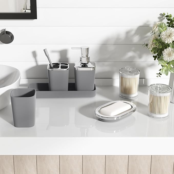 XLHOMO Grey Bathroom Accessories Set, Bathroom Sets with Shower Curtain and Rugs, Trash Can, Tray, Soap Dispenser, Soap Dish, Toothbrush Holder, Toothbrush Cup,Toilet Brush and Qtip Holders for Home