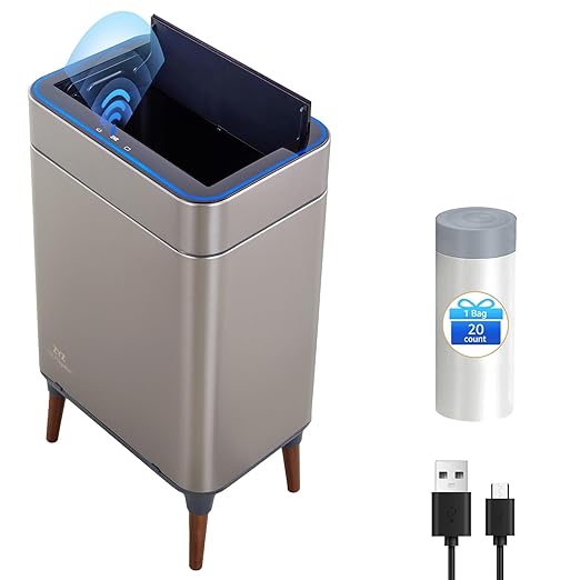 zyz Kitchen Trash Can 13 Gallon / 50L, Automatic Touchless Sensor Garbage Can with Butterfly Lid and Legs, USB 2400mAh Battery, Stainless Steel Soft-Close Trash Bin for Home (20 Count Trash Bags)