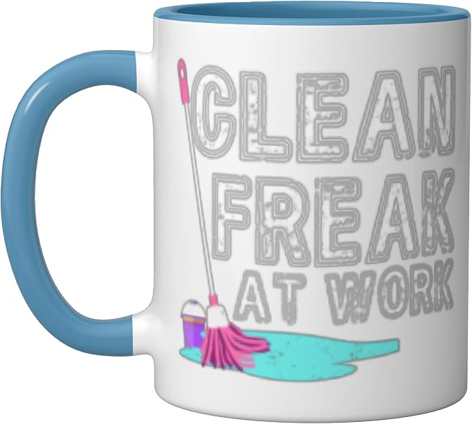 Clean Freak at Work Cleaning Ceramic Mug, Blue/White