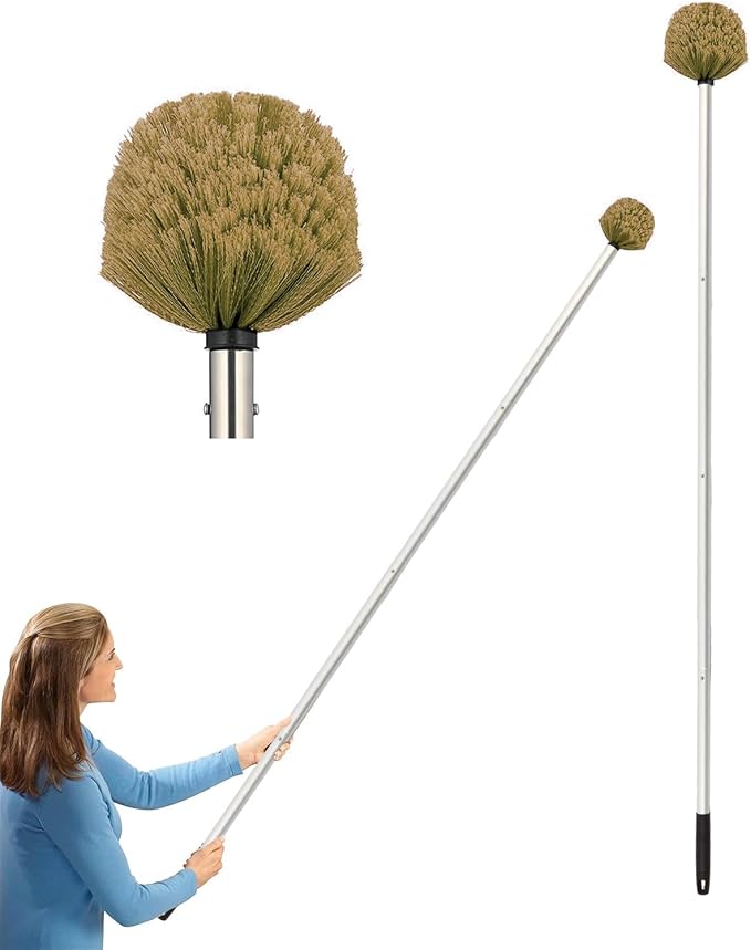 Cobweb Duster with Extension Pole, 8 FT Stainless Steel Pole with Spider Web Brush Head Ceiling Fan Duster for Outdoor Indoor Cleaning