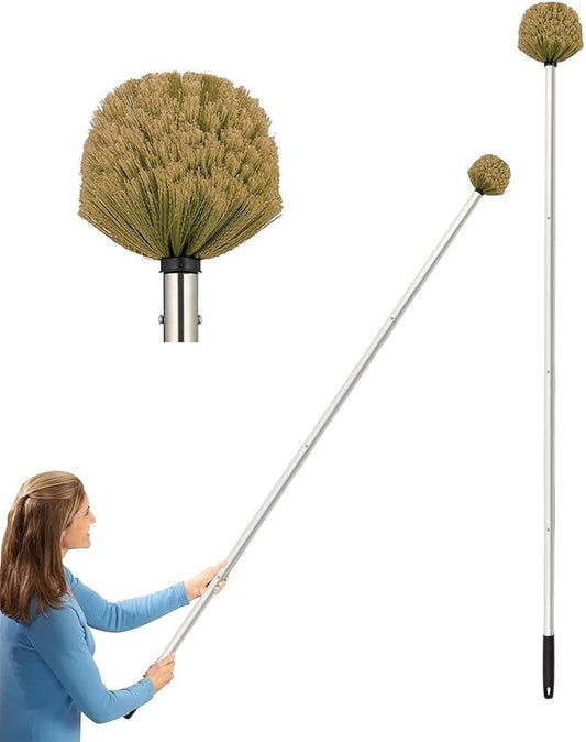 Cobweb Duster with Extension Pole, 8 FT Stainless Steel Pole with Spider Web Brush Head Ceiling Fan Duster for Outdoor Indoor Cleaning