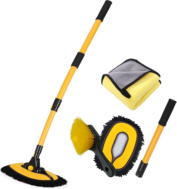 57'' Car Wash Brush with Long Handle Chenille Microfiber Car Wash Kit， Mitt Retractable Bent Pole Car Wash Brush for Cars RV Truck Boat (Ginger)