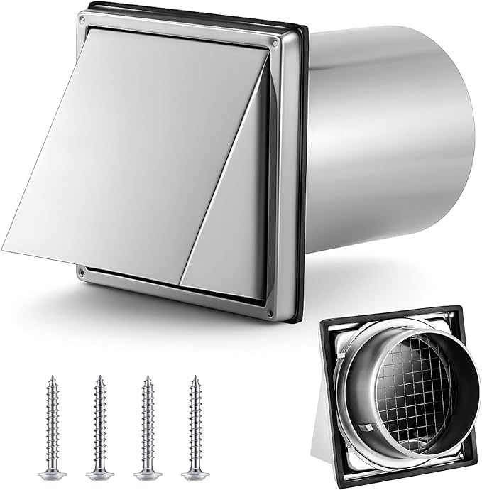 Gisafai 6 Inch Outside Hooded Wall Vent Stainless Steel Exhaust Vent Cover Cap with Extension Pipe Grille Screen Backdraft Damper for Range Hood Whole House Fans and Commercial Ventilation Systems