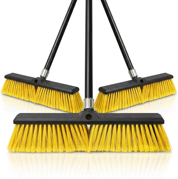 3 Pack 18" Push Broom Outdoor, Heavy Duty Broom with 62" Long Handle, Stiff Bristle Garage Broom for Patio Deck Driveway Concrete Floor Shop Warehouse Cleaning