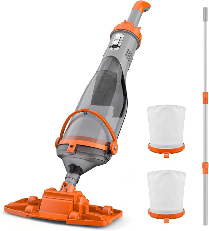 COWSAR Pool Vacuum for Above Ground Pool, VortexForce™ Technology 18.5GPM Strong Suction, 60 Min Runtime Cordless Pool Vacuum with 13.4" Wide Head & 59” Telescopic Pole for Pools/Spas/Hot Tubs, Orange