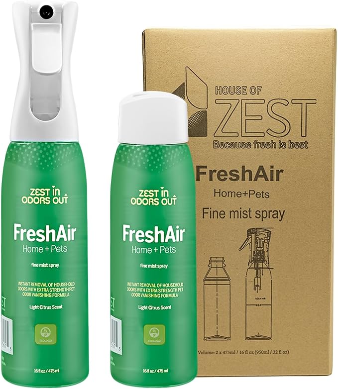 House of Zest FreshAir Home & Pets Odor Eliminator Spray for Home, Pet Odor Remover for Pet, Litter Box, Dog Pee, Cat Urine Odors, Chemical-Free, Plant-Based, Light Citrus Scent, 16 Fl Oz (Pack of 2)