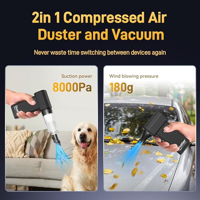 2 in 1 Compressed Air Duster and Vacuum with Screen Display, 130000RPM Blow and Vacuum, 0-100% Adjustable Speed, 8000mAh Rechargeable Battery, Ideal for PC, Keyboard, car, Home Cleaning