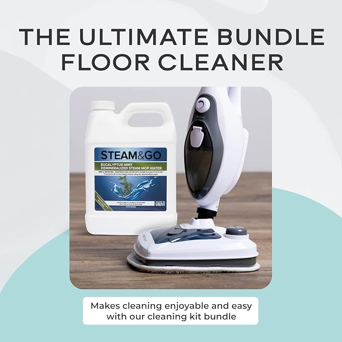 Steam & Go - The Housekeeper Steam Cleaner For Floors & Demineralized Water Bundle, 10-in-1 Hard Floor Cleaner Machine & Grout Steam Cleaner with Floor Cleaning Solution, 32 oz, Eucalyptus Mint Scent