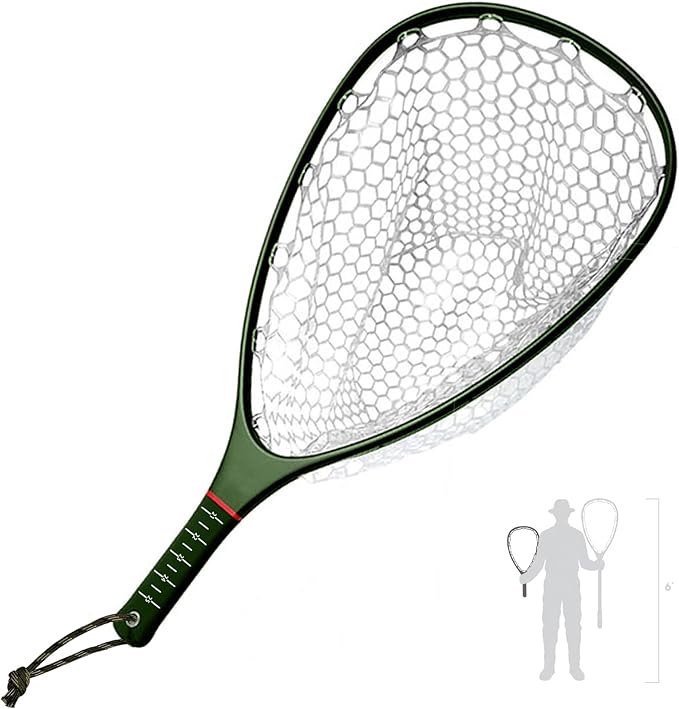 Riverruns Fly Fishing Landing Net Carbon Fiber Trout Net with Measurement Handle, Soft Rubber Mesh - 26" Standard (Wading) / 37" Long (Kayak)