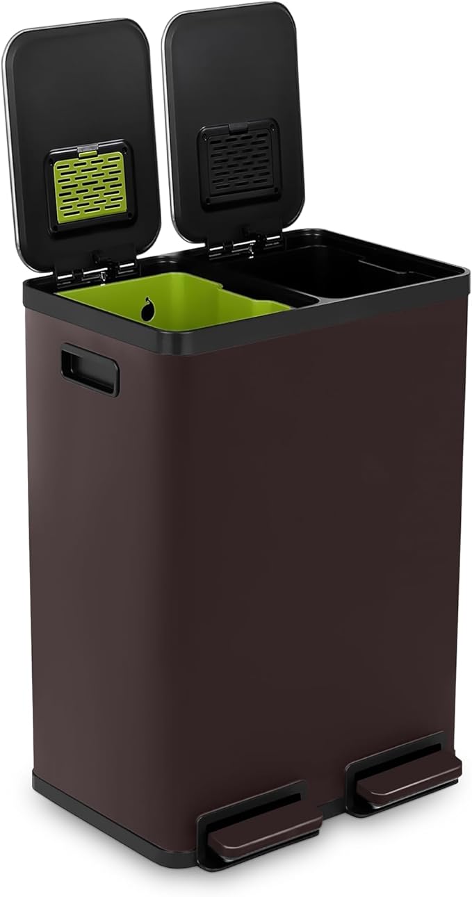 Simpli-Magic 60 Liter / 16 Gallon Rectangular Hands-Free Dual Compartment Recycling Kitchen Step Trash Can with Soft-Close Single Lid, Stainless Steel (30L x 30L Capacity) Brown