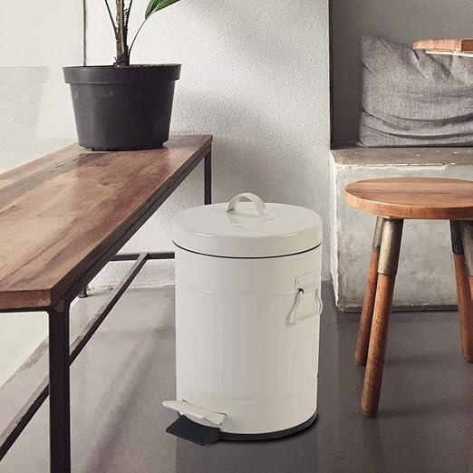 Bathroom Trash Can with Lid, Small Waste Basket for Home Bedroom, Retro Step Garbage Can with Soft Close, Vintage Office Trash Can, 5 Liter/ 1.3 Gallon, Glossy Cream White