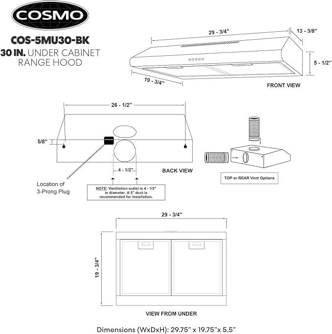 COSMO COS-5MU30-BK 30 in. Delta Collection Ducted Under Cabinet Range Hood, Button Controls, Reusable Filters, LED Lights in Matte Black