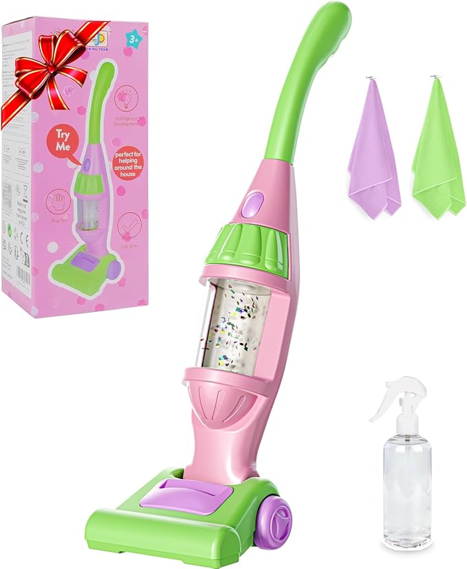 Toddler Vacuum Toy That Works with Lights & Sounds, Pretend Play Toy Vacuum for Toddlers 3-5 Years Old, Baby Vacuum for Boys, Girls, Kids Vacuum Cleaner Cleaning Toys with Spray Bottle, 2 Towels