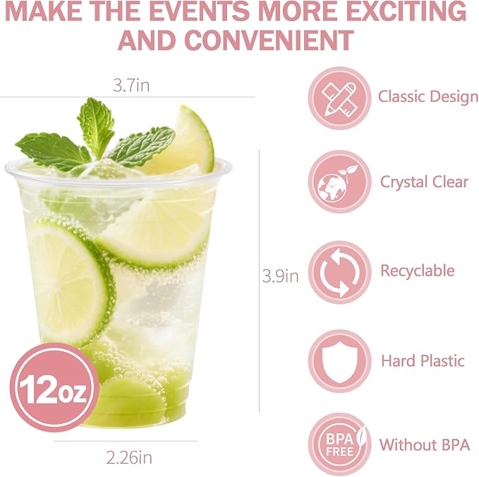 BYSNOW 12 oz Clear Plastic Cups - 300 Count Disposable Wine Cup for Party, 12 Ounce Drinking Cups Bulk, PET Cocktail Glasses for Smoothie, Fruit, and Cold Beverage