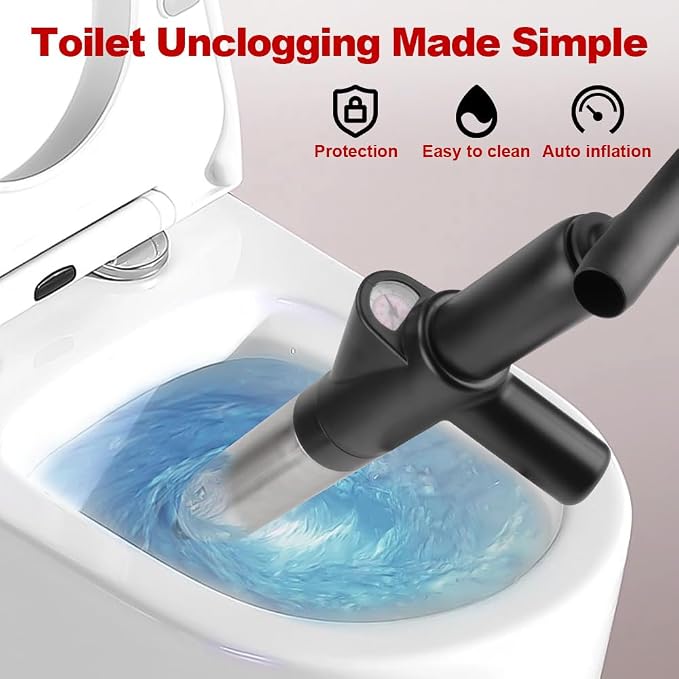 High Pressure Toilet Plunger, 60CM Long Handle Air Drain Blaster with Barometer, 0.4Mpa Powerful Unclogger for Toilet Sink Shower Floor Drain, Splash-Proof Heavy Duty Plumbing Tool (Black)
