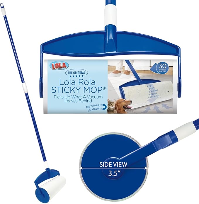 LOLA Rola PET Hair Remover Sticky Mop, Giant Floor Lint Roller, 9" x 3.5", Extender Handle, Largest Head, Traps Hair, Dust, Dirt, Extra Sticky Sheets