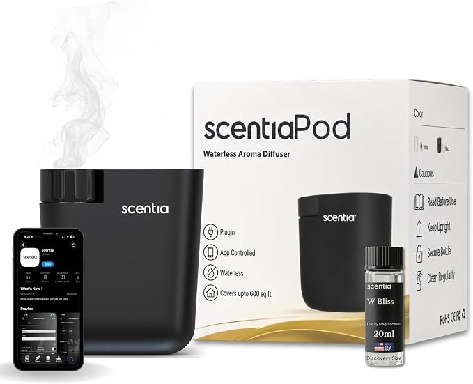Scentia Waterless Plug-in Scent Diffuser for Home & Office with App Control, Cold-Air Diffuser, 600 Sq Ft Coverage, Hotel-Inspired Essential Oil Blend Included, Housewarming Gift – Scentia, Black