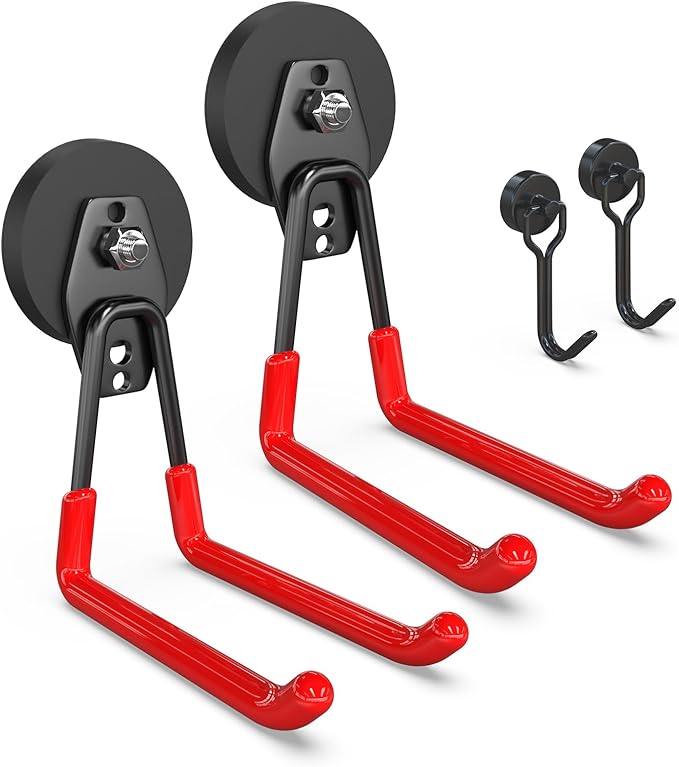 3-H Extra Strong Magnetic Hooks,Heavy Duty Large Anti-Slip Magnet Hooks U Shape,No-Drill Tool Holder for Garage,Power Drill,Garden Tools,Hose Storage,2 Pack Red