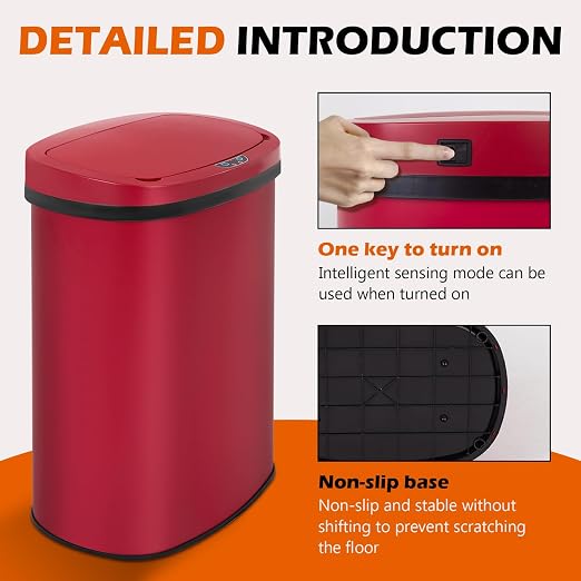 24/7 Shop at Home Freeway 13 Gallon Metal Household Trash Can Motion Sensor Lid for Kitchen, Red